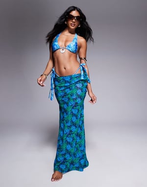 Candypants polygeorgette abstract print maxi beach skirt in blue