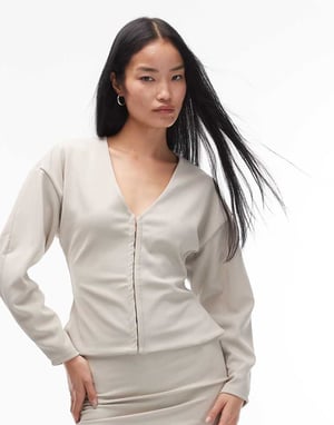 ASOS DESIGN koord ribbad ballongsärmad strukturerad topp i stenbeige