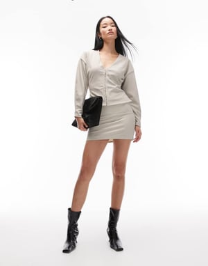 ASOS DESIGN koord ribbad ballongsärmad strukturerad topp i stenbeige