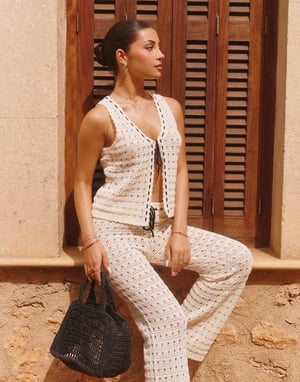 The Frolic x Lydia Kara exclusive crochet contrast thread trim beach waistcoat top co-ord in cream