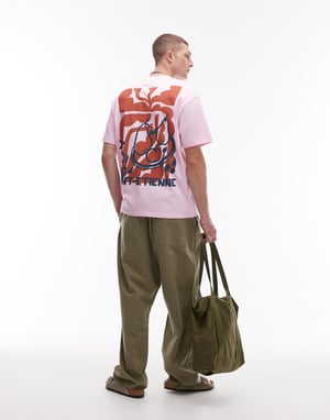 Topman avslappnad passform t-shirt med framsidan och baksidan Saint Etienne tryck i rosa