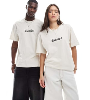 Dickies curves script central logo t-shirt i off-white - exklusiv för ASOS