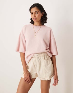 ASOS DESIGN stickad slub avslappnad t-shirt i rosa