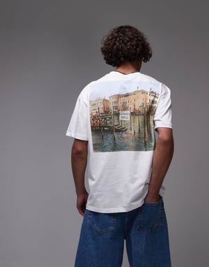 Topman premium avslappnad t-shirt med front- och baktryck av gondol och broderi i vitt