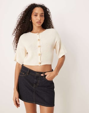 ASOS DESIGN knitted short sleeve cardigan with gold buttons in stone