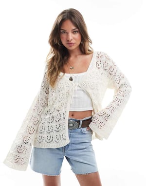 Miss Selfridge crochet tie front boho cardigan in cream