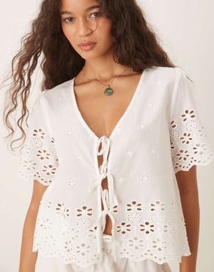 Iisla & Bird broderie tie front short sleeve beach shirt co-ord in white