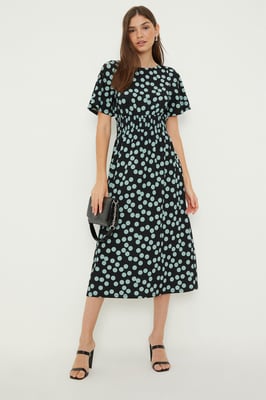 Spot Shirred Waist Short Sleeve Midi Dress