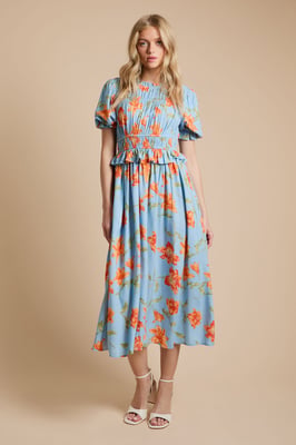 Floral Shirred Bodice Frill Midi Dress