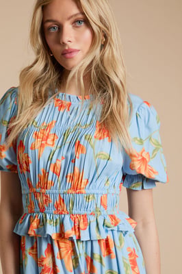 Floral Shirred Bodice Frill Midi Dress