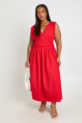 Plus Shirred Waist V Neck Midaxi  Dress