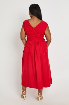 Plus Shirred Waist V Neck Midaxi  Dress