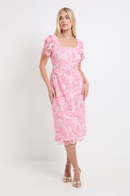 Petite Contrast Lace Button Midi Dress