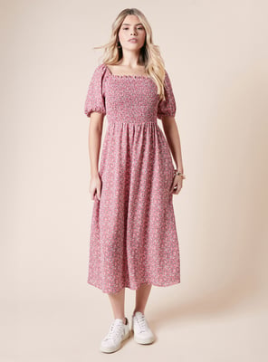 Ditsy Shirred Bodice Midi Dress