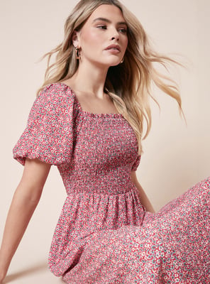 Ditsy Shirred Bodice Midi Dress