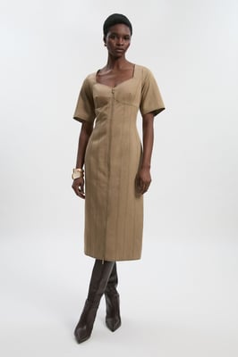 Tencel Cotton Contrast Stitch Zip Front Woven Midi Dress