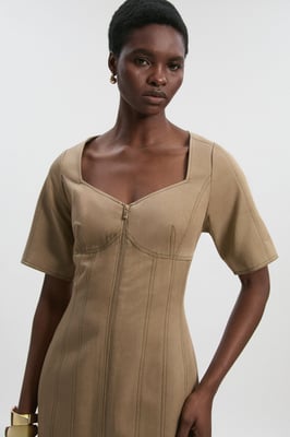Tencel Cotton Contrast Stitch Zip Front Woven Midi Dress