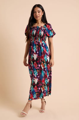 Petite Patchwork Floral Shirred Bodice Trim Detail Midaxi Dress