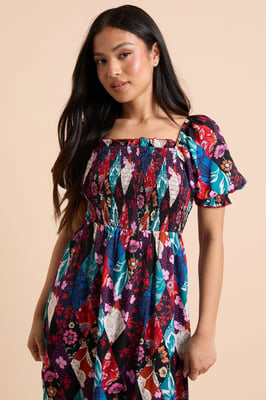 Petite Patchwork Floral Shirred Bodice Trim Detail Midaxi Dress