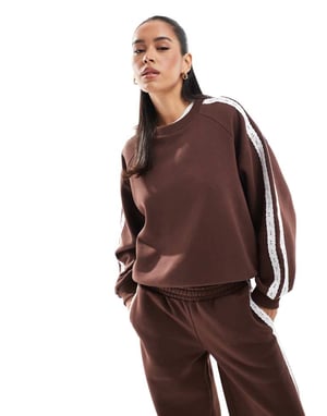 Miss Selfridge premium lace stripe sweatshirt in chocolate