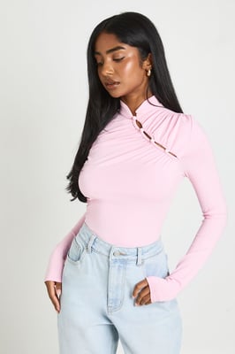 Ruched Long Sleeve Asym Button Up Bodysuit