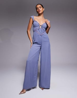 ASOS DESIGN lace insert corset detail wide leg jumpsuit in dusky blue