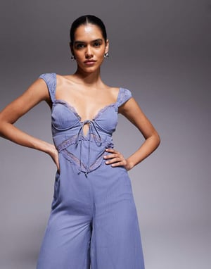 ASOS DESIGN lace insert corset detail wide leg jumpsuit in dusky blue