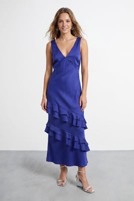 Ruffle Layer V Neck Bias Slip Dress