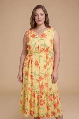 Plus Floral Sleeveless Drawstring Waist Tiered Maxi Dress
