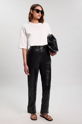 Leather Straight Leg Button Detail Trouser