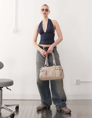 Weekday Aline deep halter neck top in navy