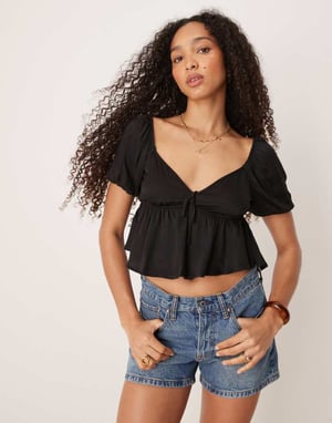 Pimkie tie front puff sleeve peplum blouse in black