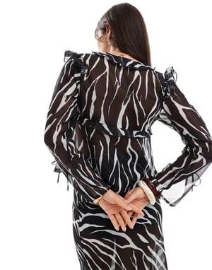 Esmee Exclusive sheer tie front beach top with ruffle trim in zebra