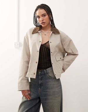 Noisy May contrast collar lightweight barn jacket in stone