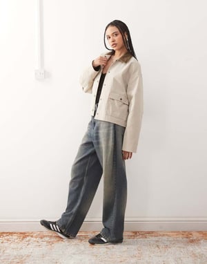 Noisy May contrast collar lightweight barn jacket in stone