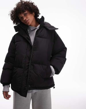 Topshop puffer jacket with hood in black