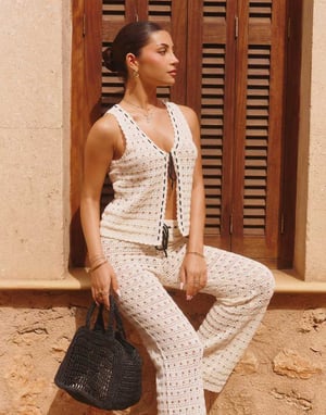 The Frolic x Lydia Kara exclusive crochet contrast thread trim wide leg beach trouser co-ord in cream
