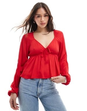 Pimkie tie front long sleeve peplum top in red