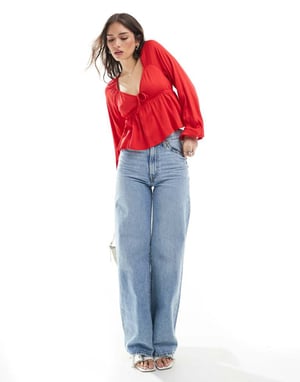Pimkie tie front long sleeve peplum top in red