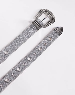 ASOS DESIGN western cowboy eyelet belt in silver glitter faux leather