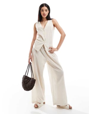 Esmee Exclusive beach trouser co-ord in beige and white stripe
