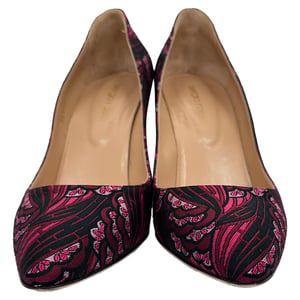 Sergio Rossi Floral Print Pointed-Toe Pumps in Black Canvas