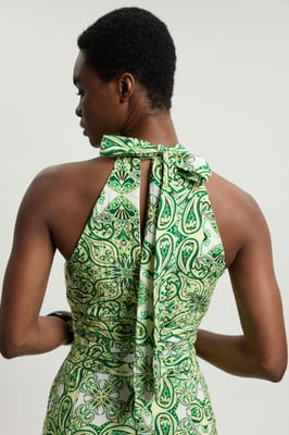 Double Cloth Tile Print Halterneck Midi Dress