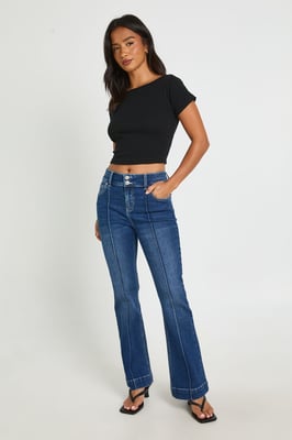 Petite Mid Waist Seam Detail Flare Jean