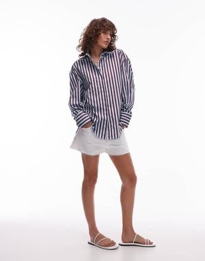 Topshop poplin super oversized långlinjeskjorta i ljusblå och vinröd rand