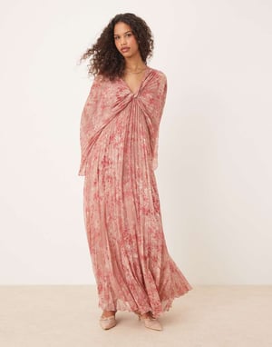 ASOS DESIGN veckad chiffong maxiklänning med snurrfront i blommönster