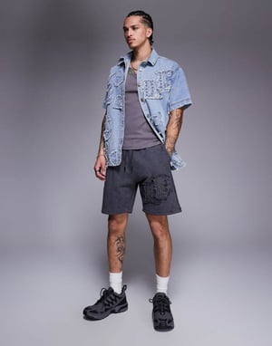 Liquor N Poker applique patch and stud logo jersey shorts in grey