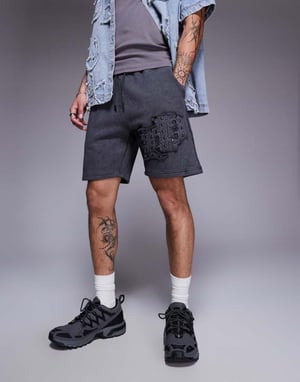 Liquor N Poker applique patch and stud logo jersey shorts in grey