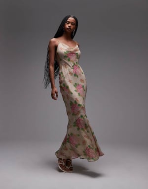 Topshop double layered satin and chiffon maxi slip dress in print ivory and pink rose