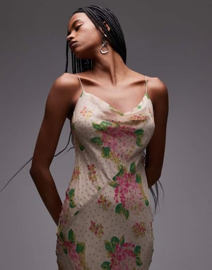 Topshop double layered satin and chiffon maxi slip dress in print ivory and pink rose